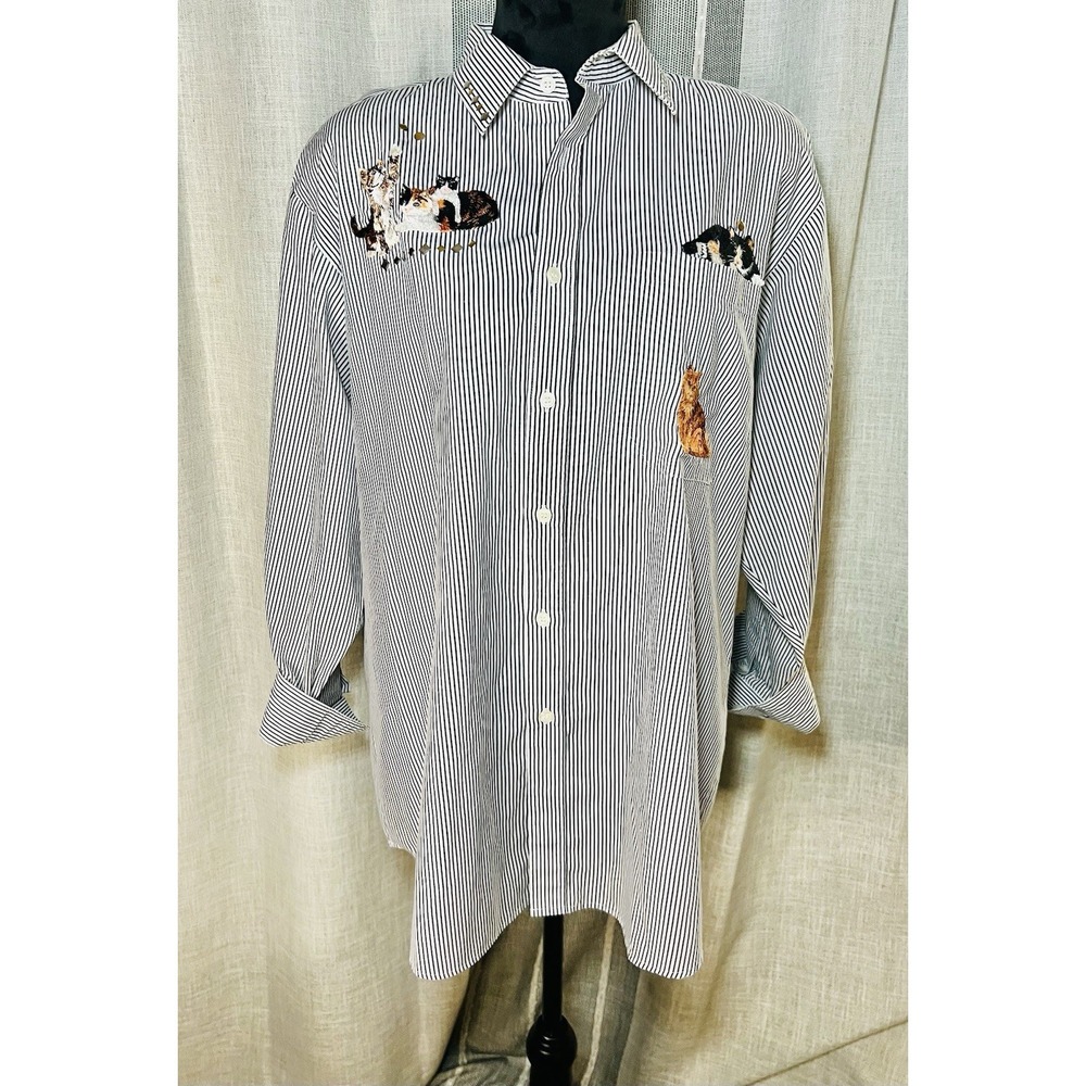 Vintage Cat Appliqué Striped Cotton Blend Button Up Long Sleeve Shirt Large
